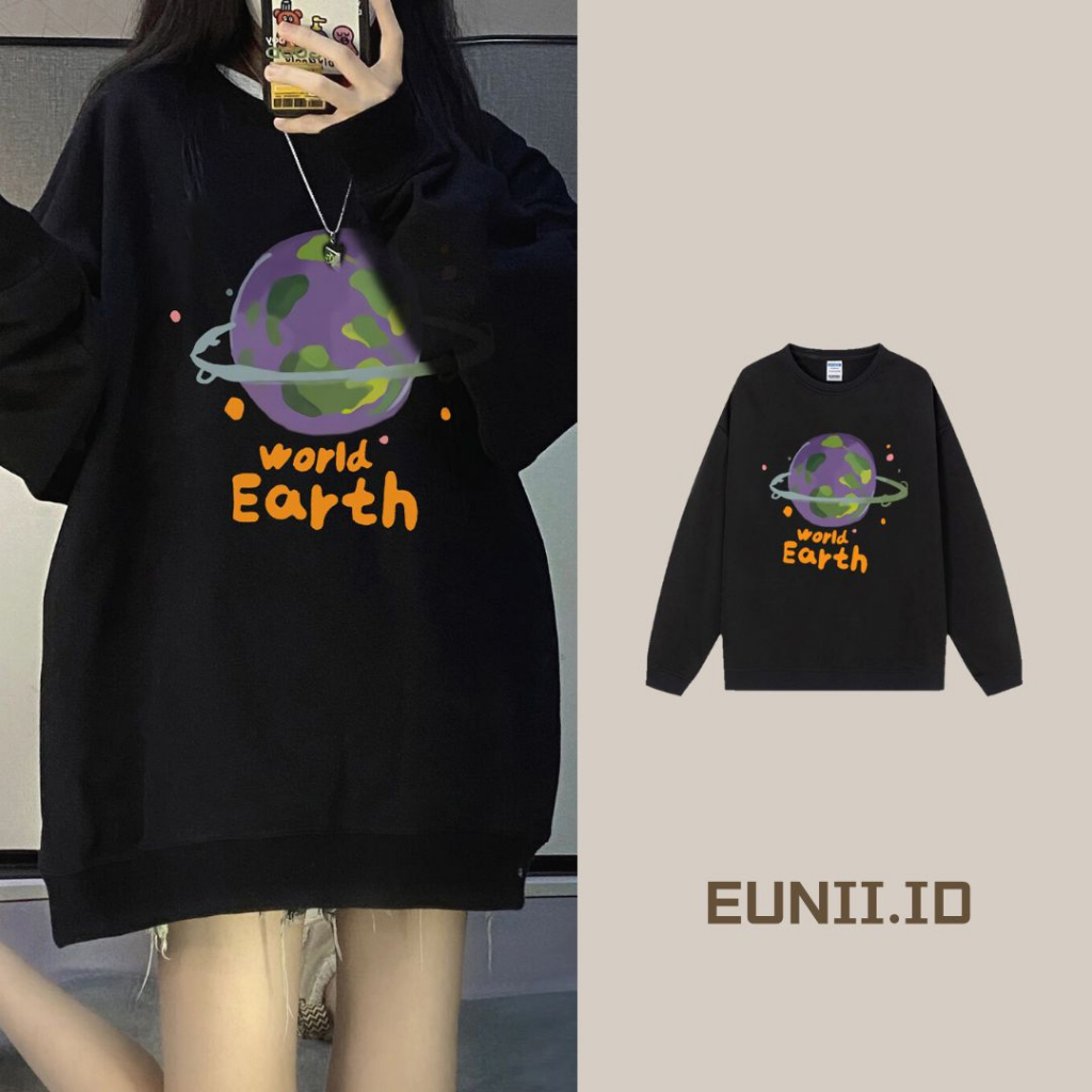 EUNII Sweater Lengan Panjang Cartoon Earth World Printing Korean Style/Sweater Crop/Baju Wanita/Switer Wanita/Switer