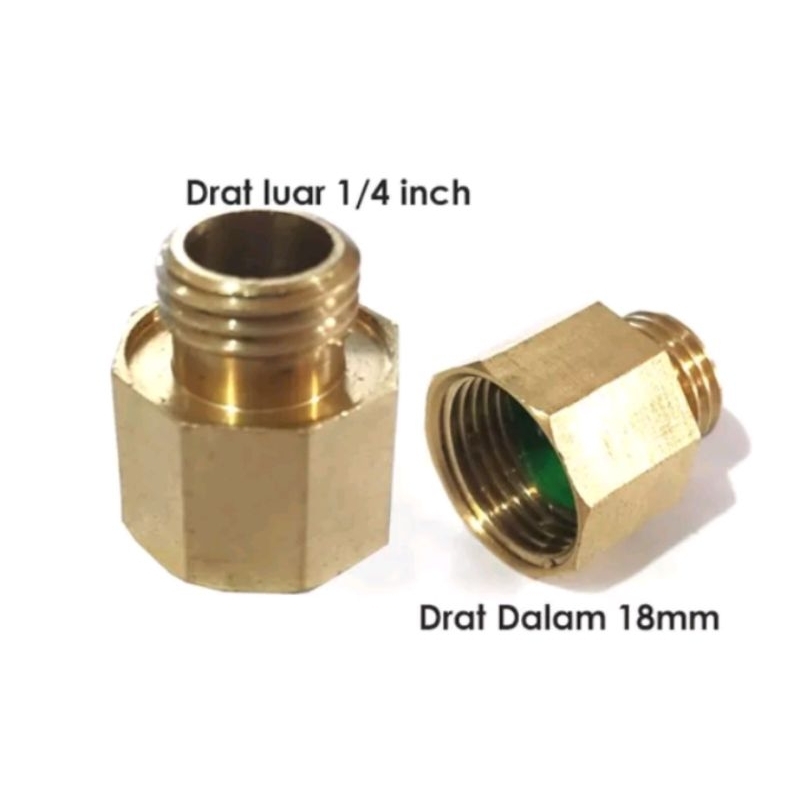 KONEKTOR DRAT KUNINGAN 18 MM DRAT DALAM KE 14 MM DRAT LUAR