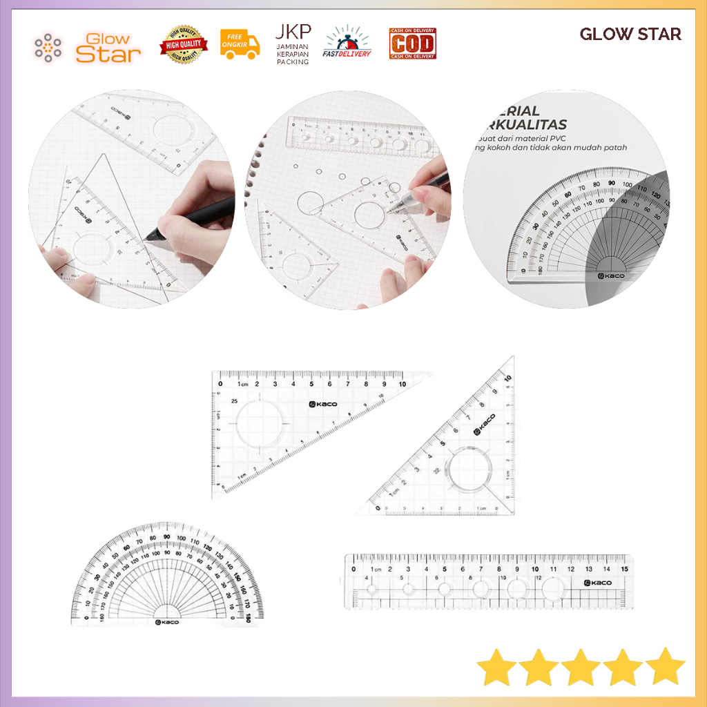 Set Penggaris Busur Kaco Xiaomi Right Choice Set Penggaris Ruler Set 4 Pcs - Transparent Matermatika Garisan SMA SMP Kuliah Kalkulus Derajat