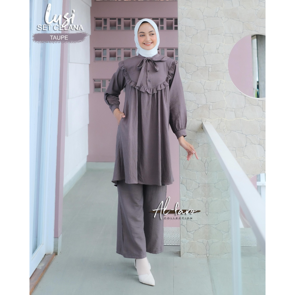 ONE SET CELANA POLO LINEN DYRA LUSI ORI ALFARO SETELAN TUNIK MODEL TERBARU OOTD WANITA HANGOUT STREET STYLE