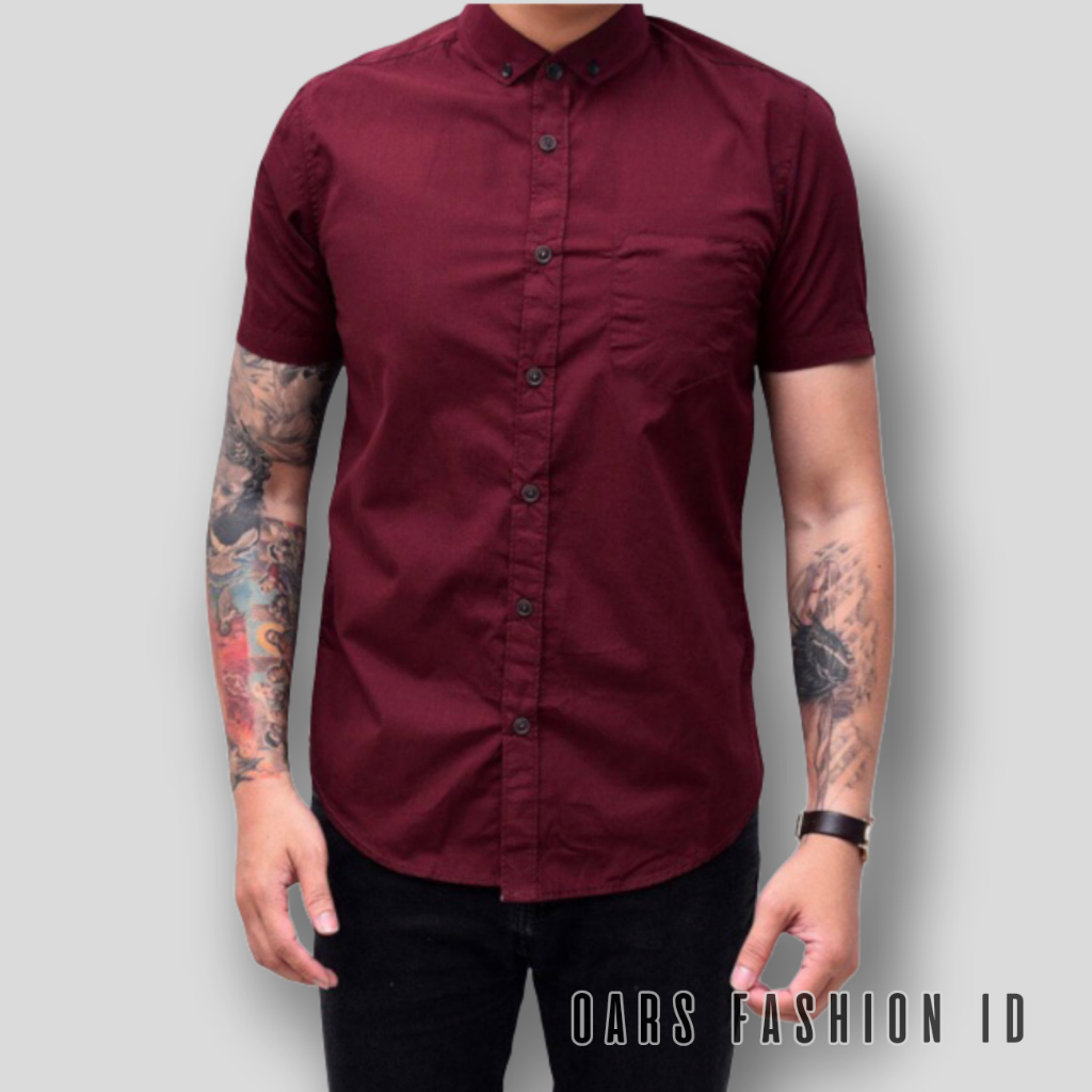 kemeja pria basic polos pendek slimfit jumbo casual warna hitam biru navy hijau army sage merah maroon marun abu muda