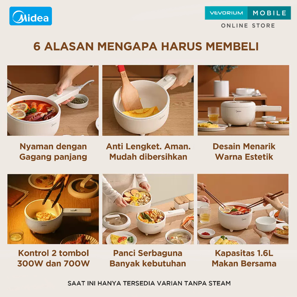 Midea 1.6L Electric Cooker Panci Listrik Serbaguna Kukusan Elektrik Pot Low Watt Alat Masak Kukus Rebus Goreng Tumis Steamer Steam MPASI Anti Lengket Portable Aesthetic Estetik Mini Traveling Multifungsi