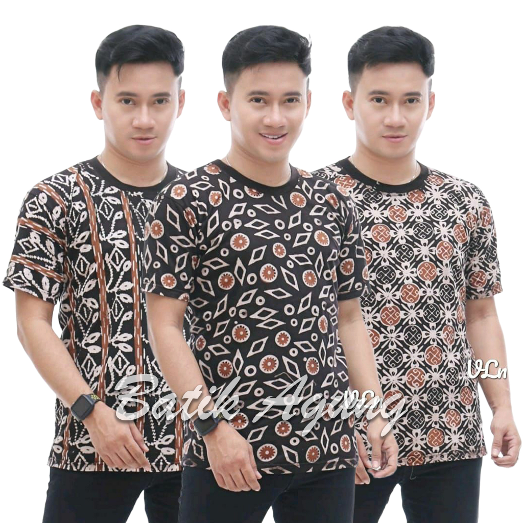 Atasan Seragam Baju Kaos Round Neck Batik Lukis Kondangan Kasual Hangout Pria Modern Keren Terbaru