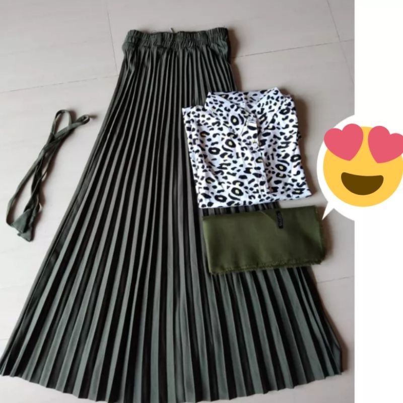 REALPICK LD 110CM,SETELAN KEMEJA KATUN ORIGINAL MOTIF LEOPART+ROK PLISKIT PREMIUM+HIJAB SAUDI