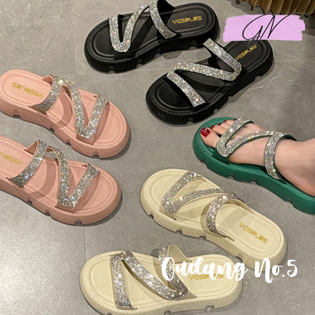 GN-1988-3 Sandal Selop Wanita Wedges Fashion Blink Tali Silang Jelly Import PCU