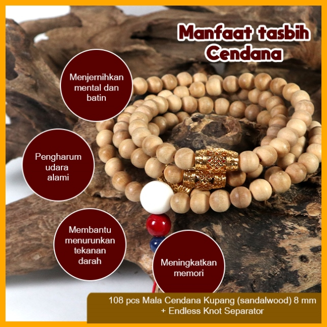 Tasbih Mala Buddha 108 Kayu Cendana Kupang (Sandalwood) + Endless Knot Separator