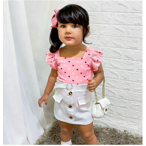 SETELAN ANAK CEWEK PINK POLKADOT + ROK PUTIH SIZE 90-130 IMPORT