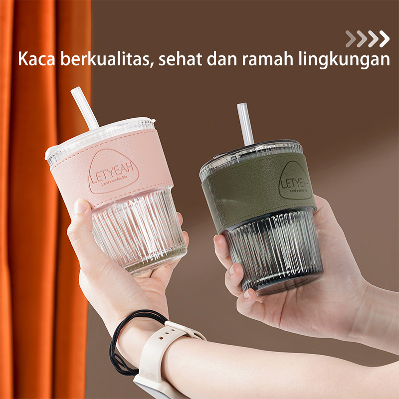 Letyeah &amp; Kaizenliving Tumbler Kaca Aesthetic Dengan Sedotan Botol Minum Kopi Mug Coffee Cup Milk Gelas