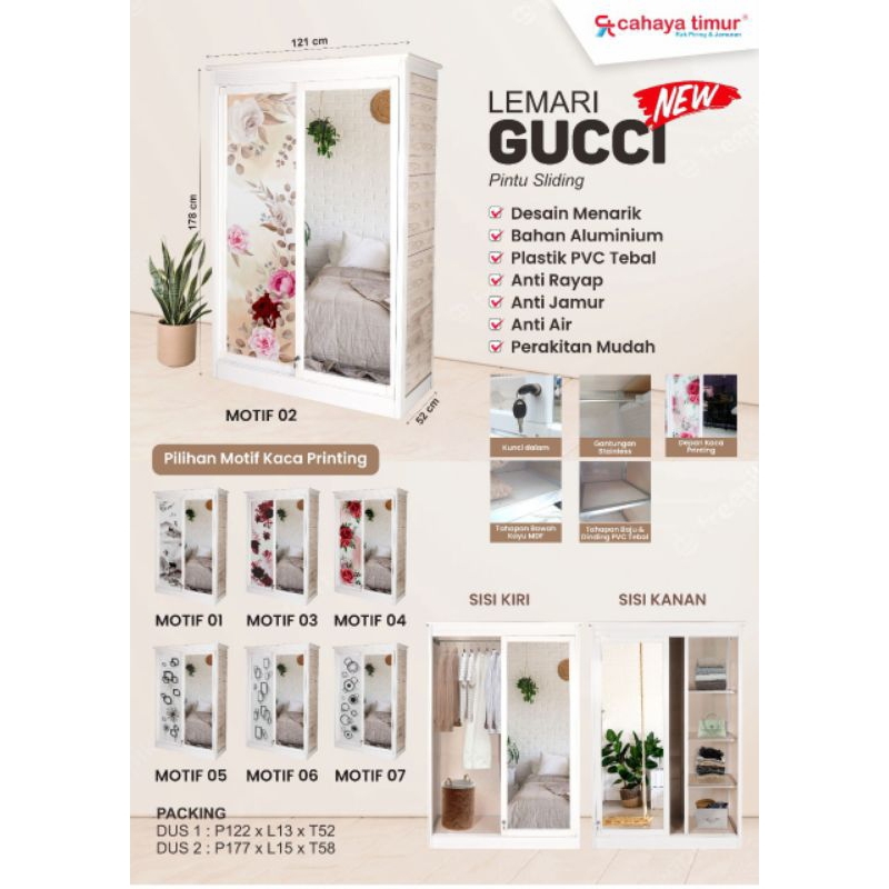 NEW - Lemari Pakaian GUCCI 2 SLD Pintu Sliding - Bahan Aluminium