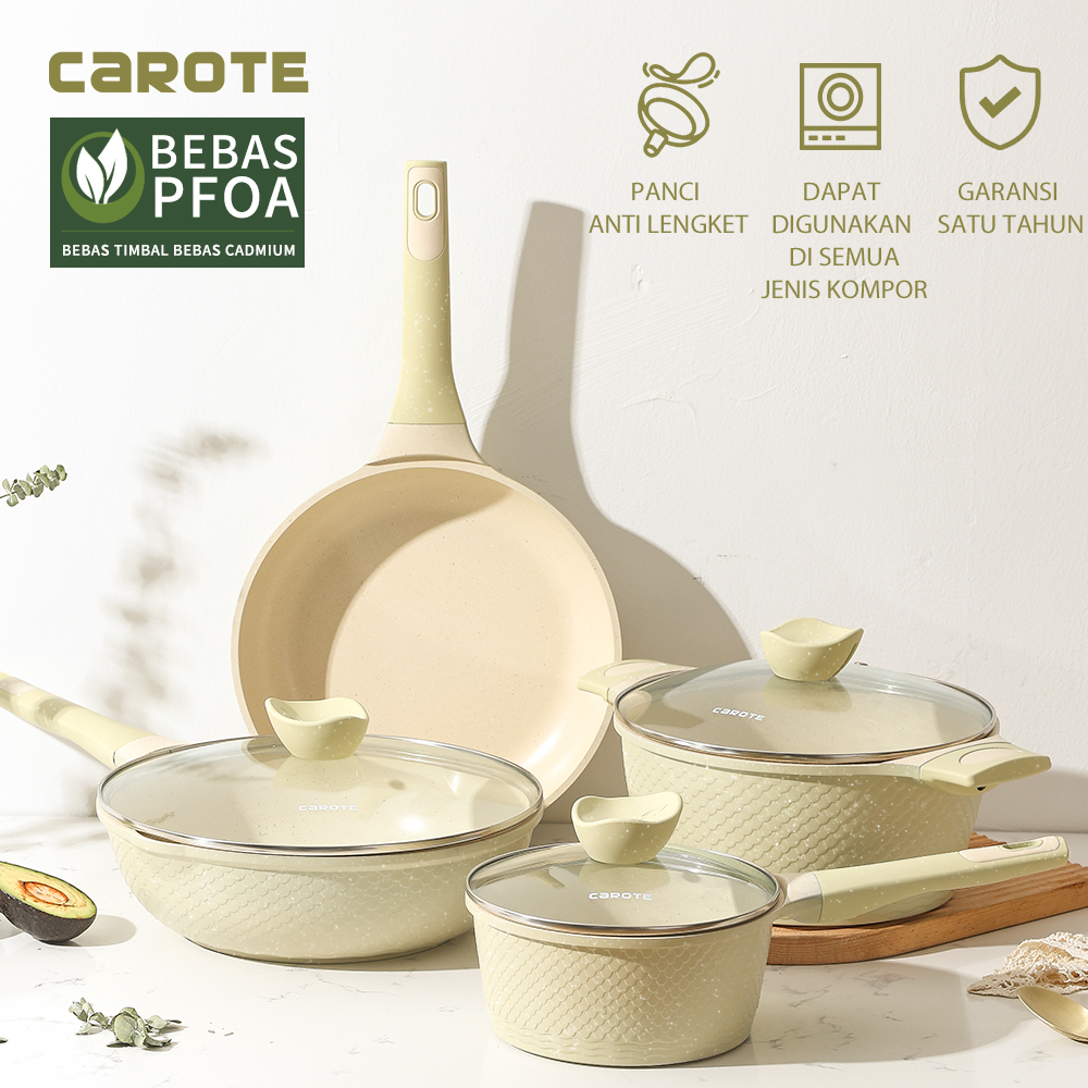 CAROTE Set Peralatan Masak Granit Anti Lengket, 7 pcs Panci dan Wajan Anti Lengket, Set Peralatan Ma