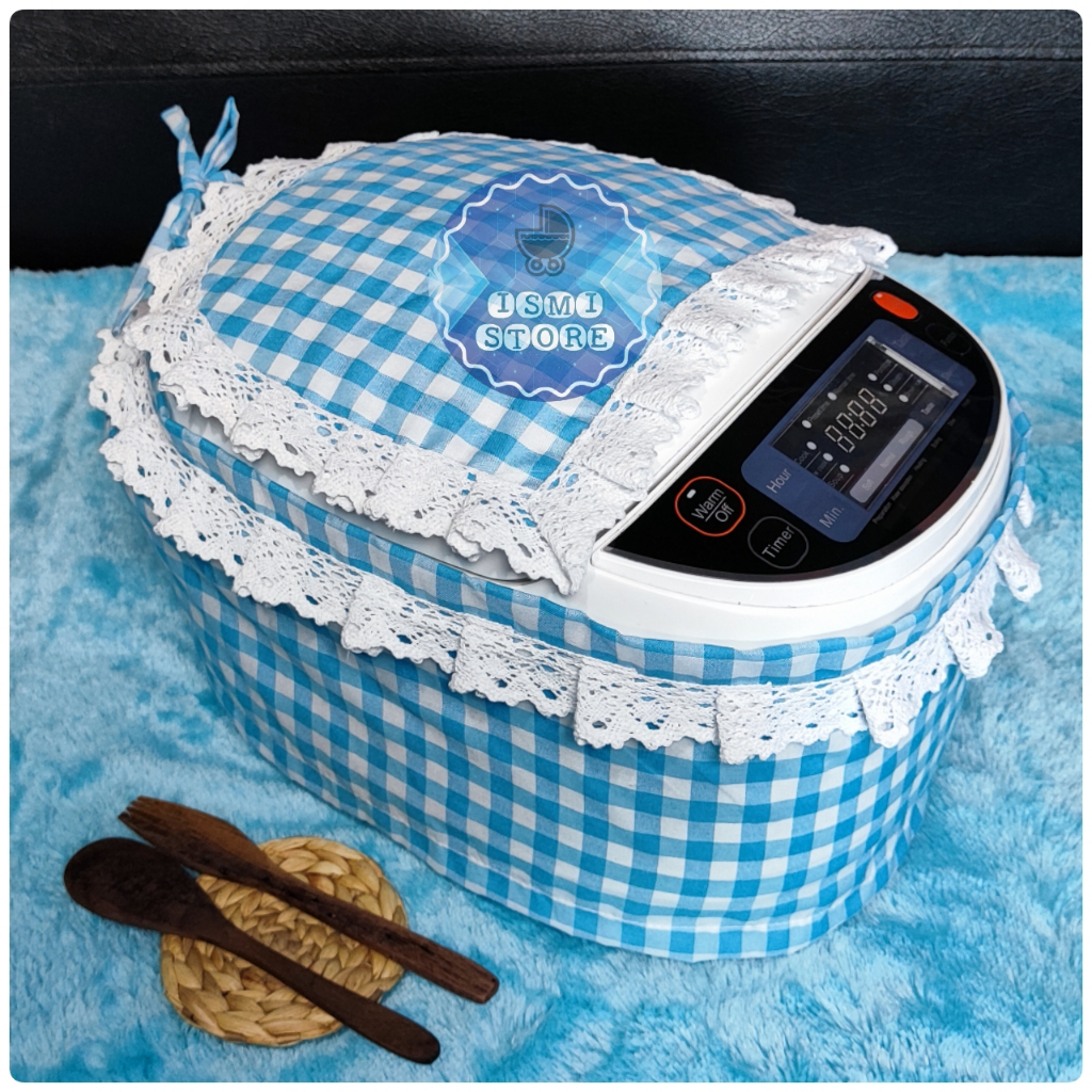 Sarung MAGICOM DIGITAL Oval/Bulat Estetik Rice Cooker Digital Kekinian Motif Kotak Gingham Aksen Renda Rajut dengan Tutup Atas Unik Lucu by Ismi Store