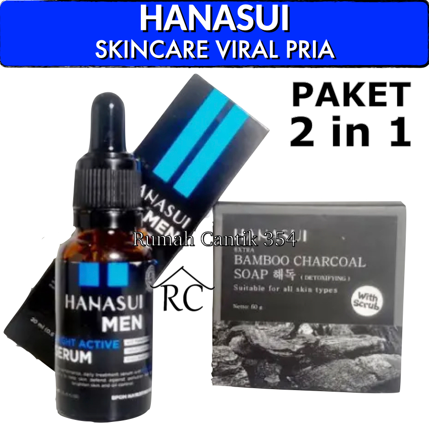 HANASUI PAKET MEN 2in1 Skincare for Men Rumah Cantik 354 Medan Bisa COD Bayar di Tempat Bamboo Charcoal Soap with Scrub plus Serum Bright Active Perawatan Kulit Wajah Pria