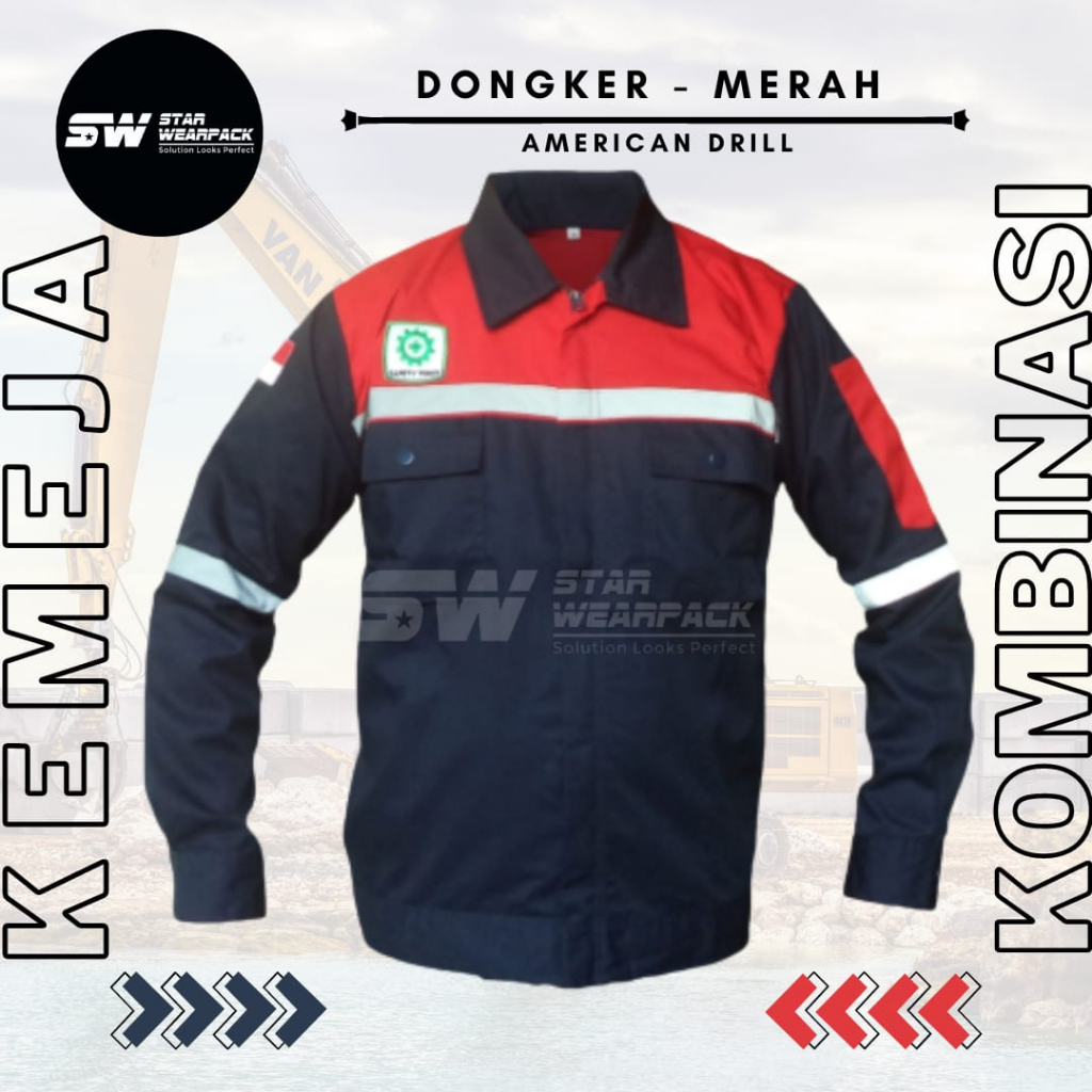 Star Wearpack - Seragam Kerja Proyek Lengan Panjang Warna Dongker Kombinasi Merah