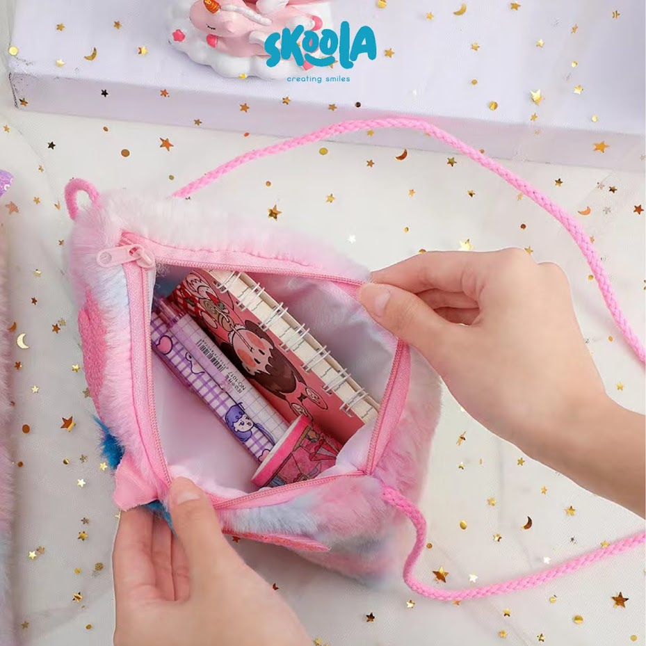 Skoola Tas Anak Perempuan PAUD Remaja Selempang Unicorn Rainbow Lucu Bulu Kids Sling Bag - Furi