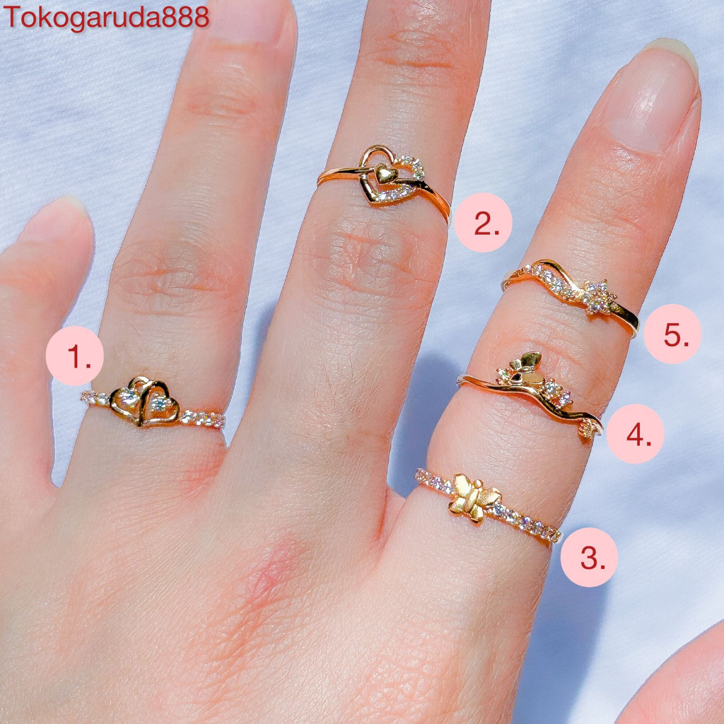 Cincin anak dan dewasa emas asli kadar 70 16k love bunga kupu2 aesthetic korea wave ringan padat permata