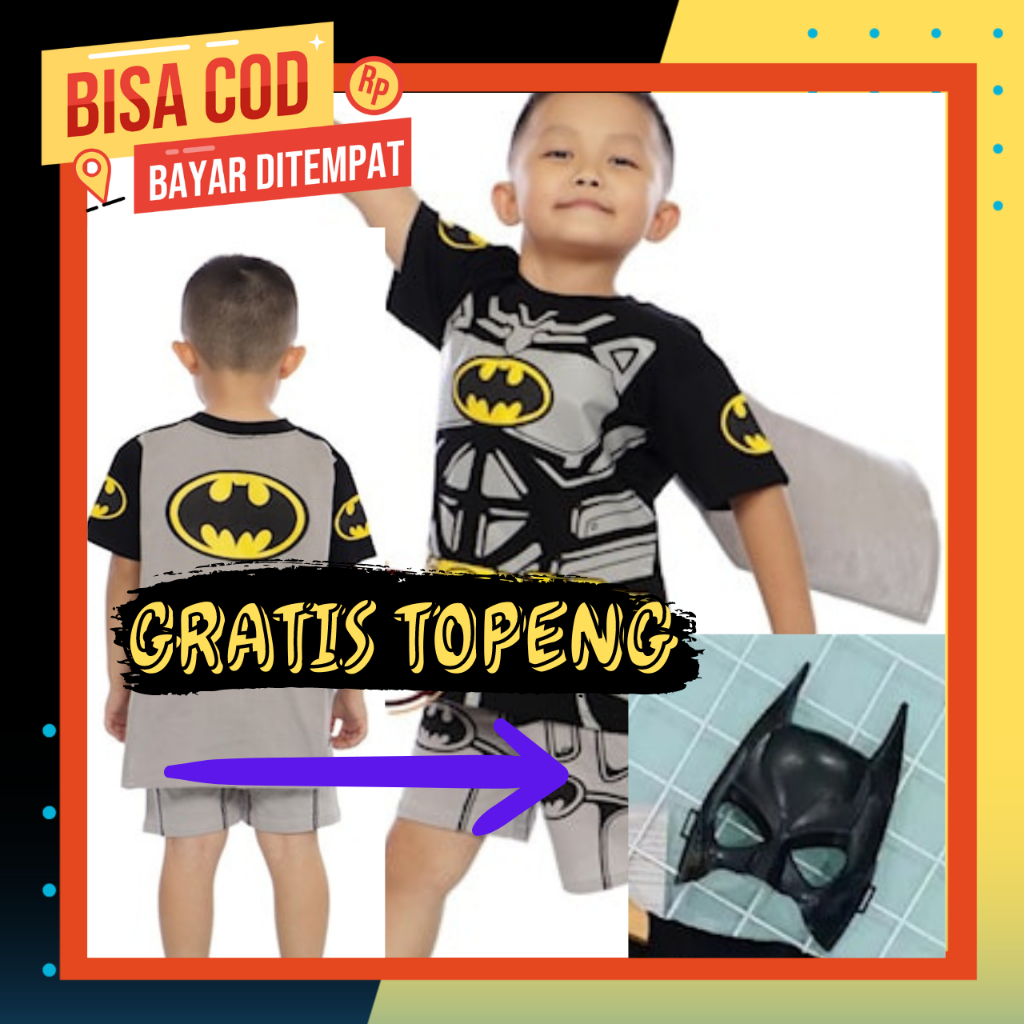 Baju anak setelan/stelan superhero batman lengan pendek / kado ulang tahun anak / kado anak laki lak