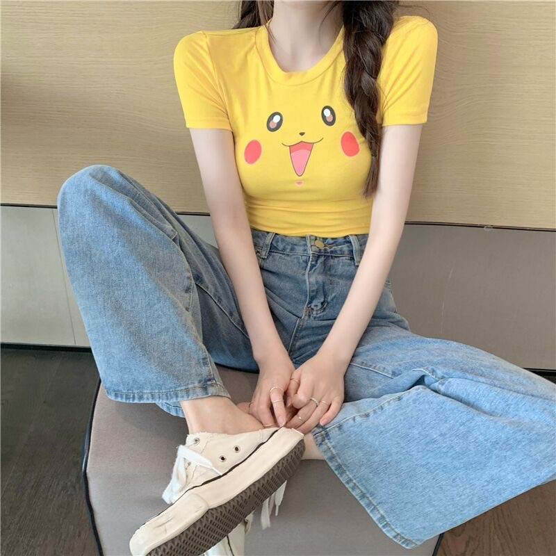 【Premium】Women's Crop Top Tshirt Pokemon Yellow Lengan Pendek S/M/L 2175