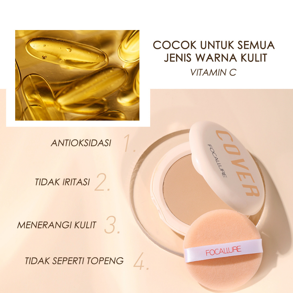 FOCALLURE Poreless Bedak Padat Dry And Wet Dual-use Matte Compact Powder Waterproof Fine Power