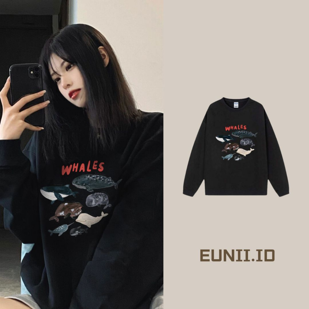 EUNII Sweater Lengan Panjang Cartoon Whale Printing Korean Style/Sweater Crop/Baju Wanita/Switer Wanita/Switer