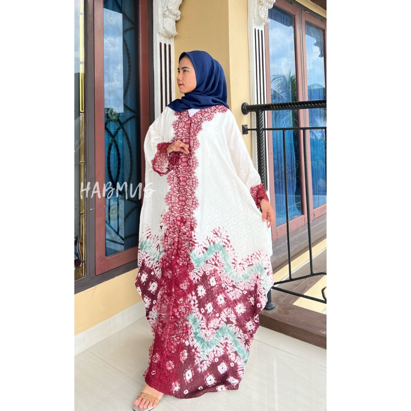 gamis kaftan jumputan palembang asli tenun bahan viscose mic lace