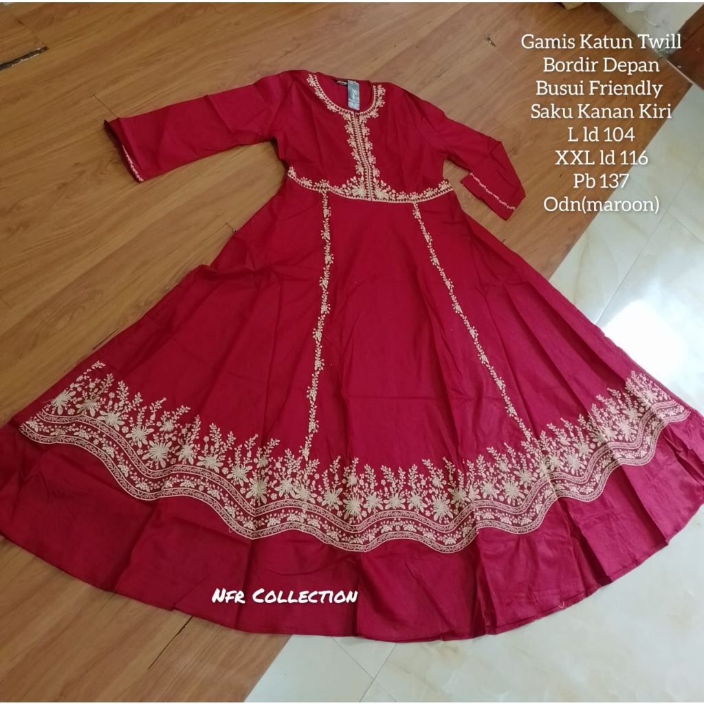 gamis katun twill bordir lidya mayung M ld 100 L ld 104 XL ld 108 XXL Ld 116