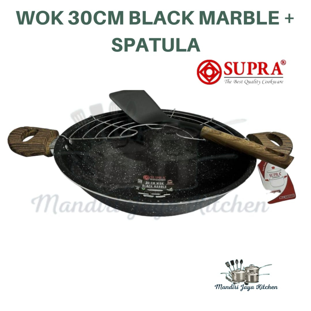 Supra Wok 30CM Black Marble + Saringan + Spatula/Wajan Supra 30CM