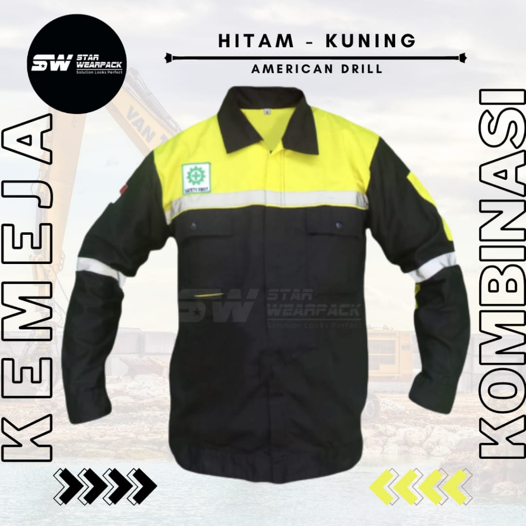 Star Wearpack - Kemeja Kerja Proyek Model Resleting Warna Hitam Kombinasi Kuning Lengan Panjang