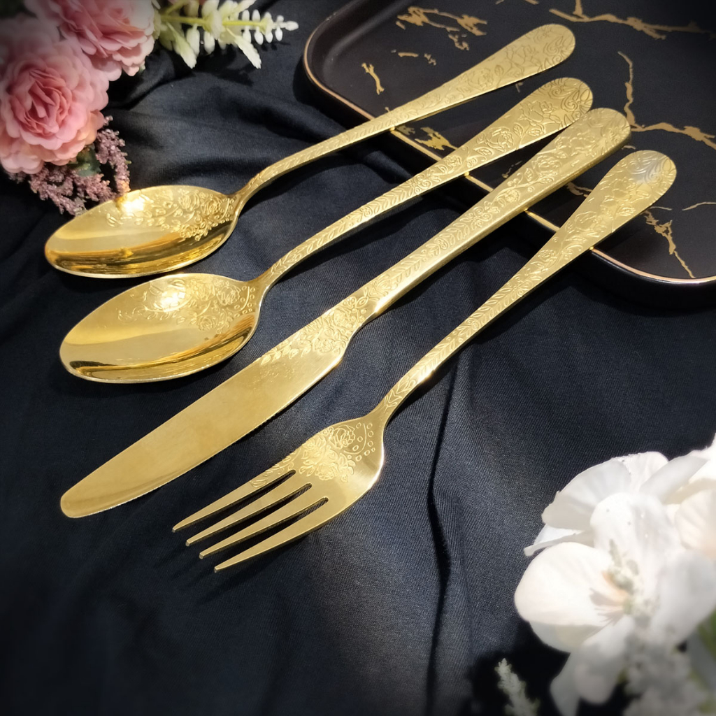 NEXXIO Sendok Garpu Pisau Gold 6pcs Motif Bunga Batik Bahan Super Premium - Stainless Steel Tebal Gold/Set Alat Makan