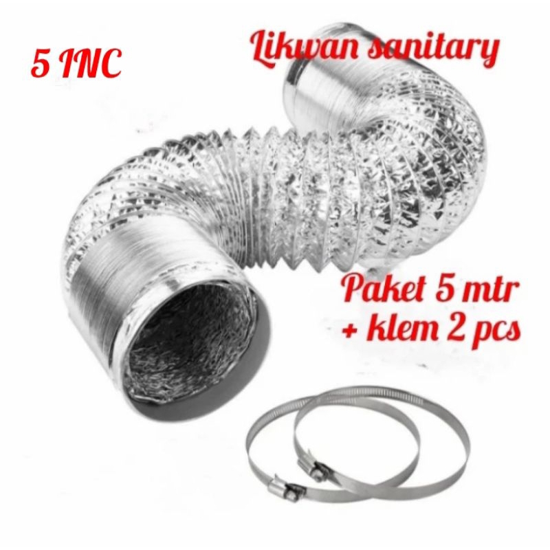 Flexible ducting 5 inch (5 mtr) + klem 2 pcs / paket flexible + klem 2 pcs/ pembuangan asap