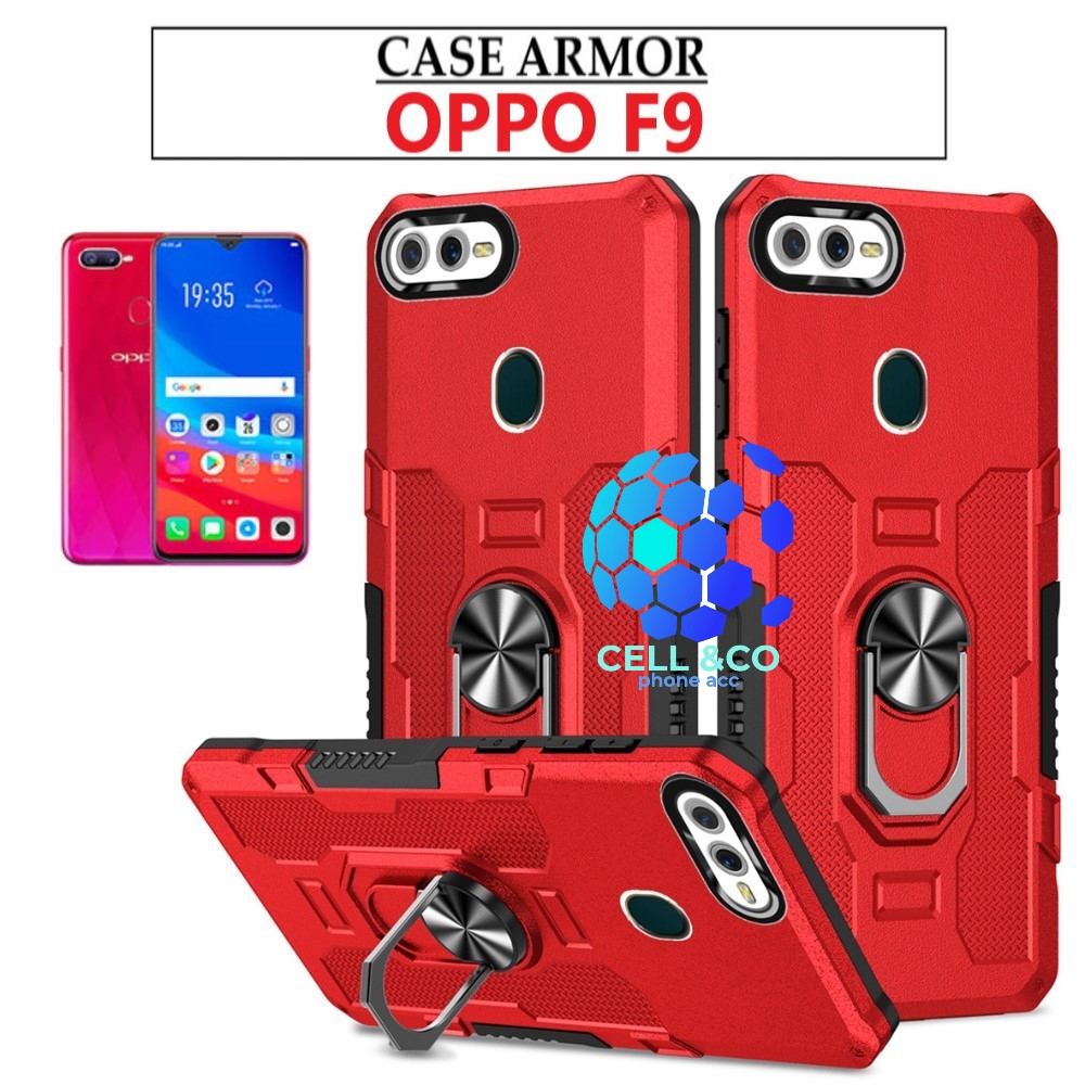 Case Armor OPPO F9 Iring Cincin Magnetic Kesing Hp Protect kamera Premium Hard Case Standing Robot Pelindung Kamera