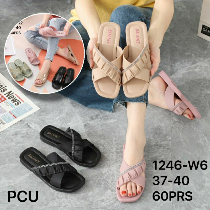 1246-W6 Original Sandal Balance Karet Motif Silang Renda Manik Selop Wanita Elastis Lentur Sendal Slop Gliter Glitter Blink Jelly Flat Teplek Cewek Kokop Perempuan Import Cantik Mewah Murah Kekinian Korean Impor BLC 1246-12 1246 Empuk Sol Anti Slip Air