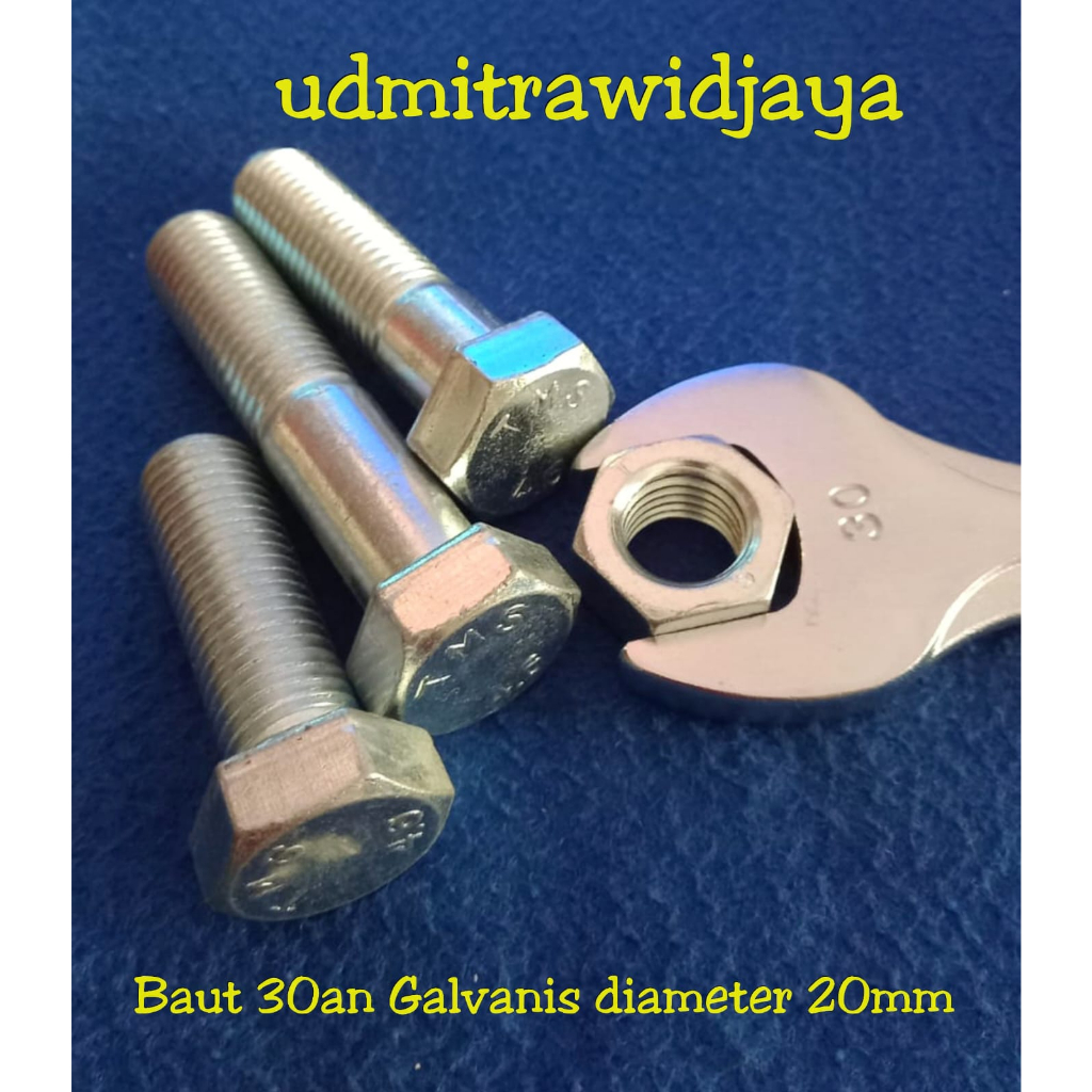 Baut kunci 30 M20 p2.50 panjang 6cm 7cm 8cm 9cm 10cm baut galvanis M20 20mm kunci 30an 30mm baut truck baut mesin penggiling baut pangkon motor baut bego baut alat berat cartepillar baut mesin sodok