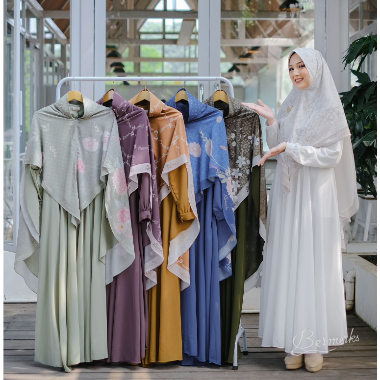 Gamis Ceruty babydoll set kerudung motif ori bermerks Fairuz Mecca salwa Miranda Putihan Hitaman style syari model terbaru ootd baju set wanita kekinian