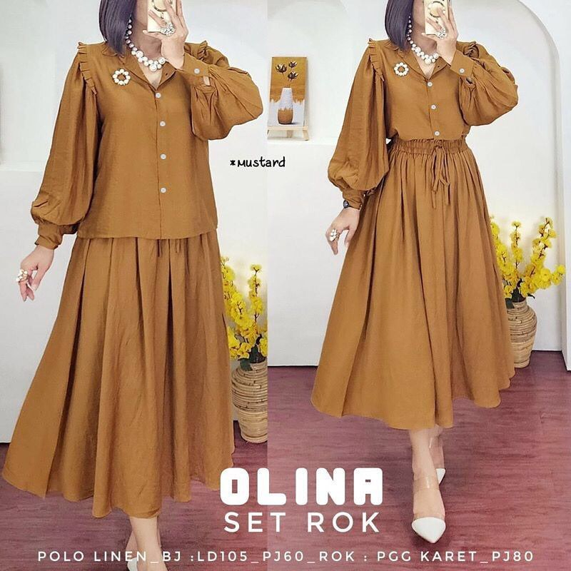 Baju Atasan Plus Bawahan Wanita Terbagus Set Rok Wanita One Set Setelan Wanita Terbaru Bahan Polo Linen Olina Set Rok Fashion Modern Outfit Perempuan Dewasa