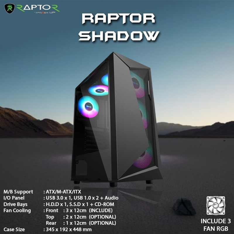 CASING PC GAMING POWER UP RAPTOR SHADOW WITH 3 FAN RGB