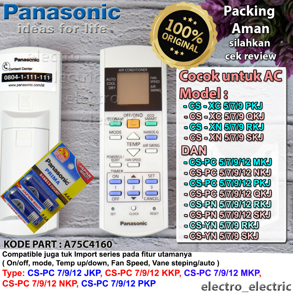 Remote AC Split Panasonic  CS-XN 5/7/9 SKJ  CS-XN 5/7/9 RKJ CS-XC 5/7/9 QKJ CS-XC 5/7/9 PKJ