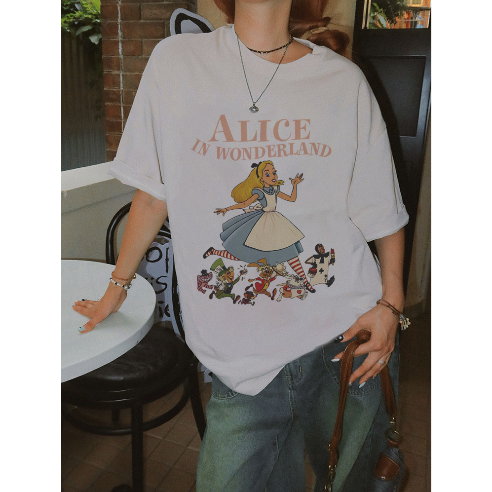 Baju Kaos Wanita Korean Style cartoon Alice Motif Printed T-Shirt Import Lengan Pendek Baju Kaos Oversize