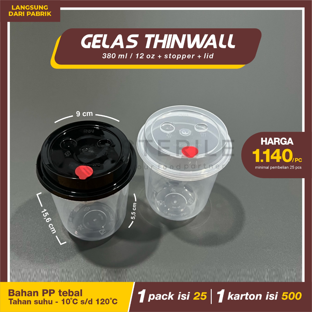 GELAS THINWALL OVAL 380 ML 12 OZ + TUTUP HARGA @25 PCS / GELAS PP INJECT 380 ML / GELAS BOBA TEBAL