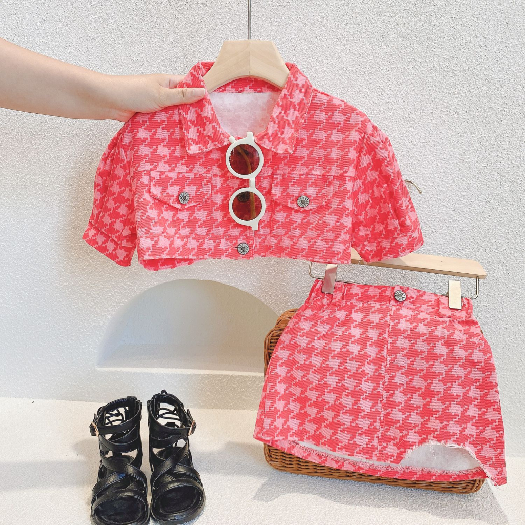 Setelan Mini Rok Anak Perempuan Jacket Jeans Crop Pink