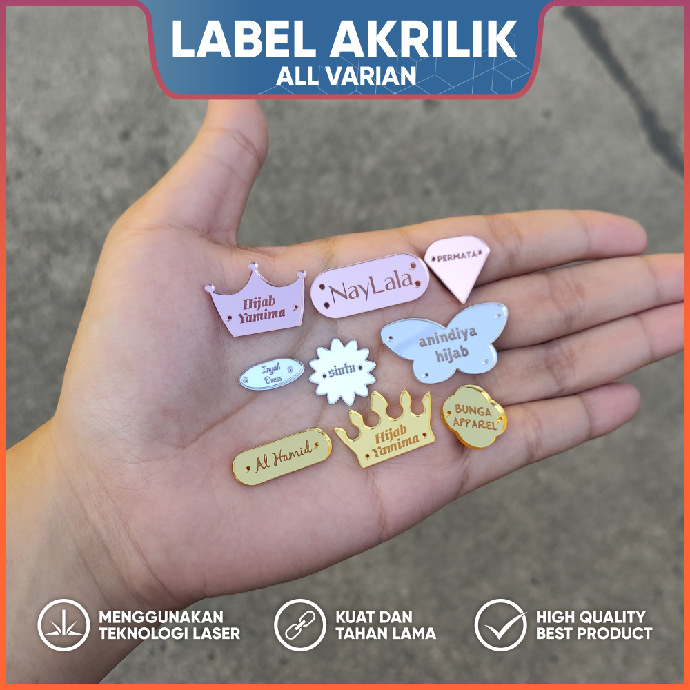 LABEL TERLENGKAP Akrilik GOLD ROSE SILVER CUSTOM untuk Rebranding Hijab / Kerudung / Baju / Gamis / Abaya / Dress Maxy Scarf Acrylic Jilbab Mirror Produk Branding Merk Lebel Grosir Hang Tag Grafir Laser Cutting Clothing