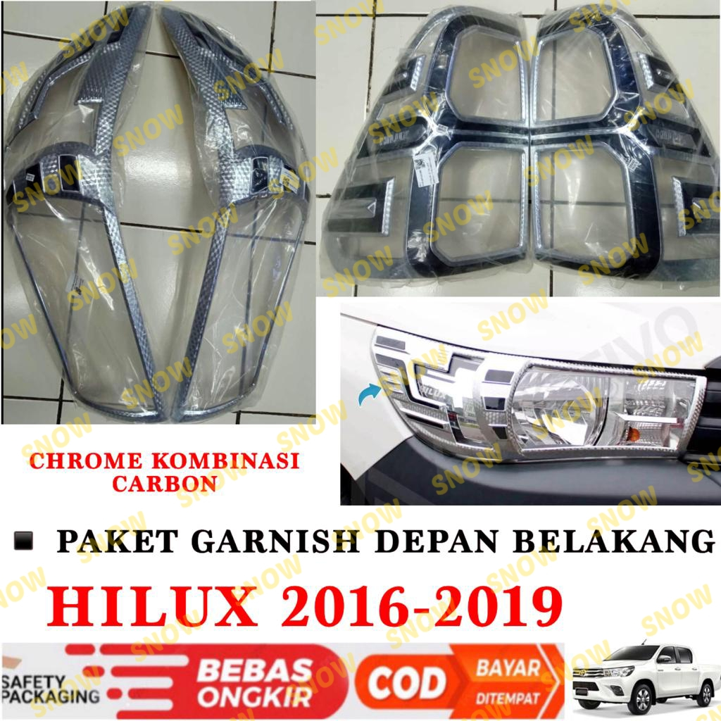 Paket Garnish Lampu Depan Belakang All New Hilux Revo 2016 2018 2019 Chrome List Carbon