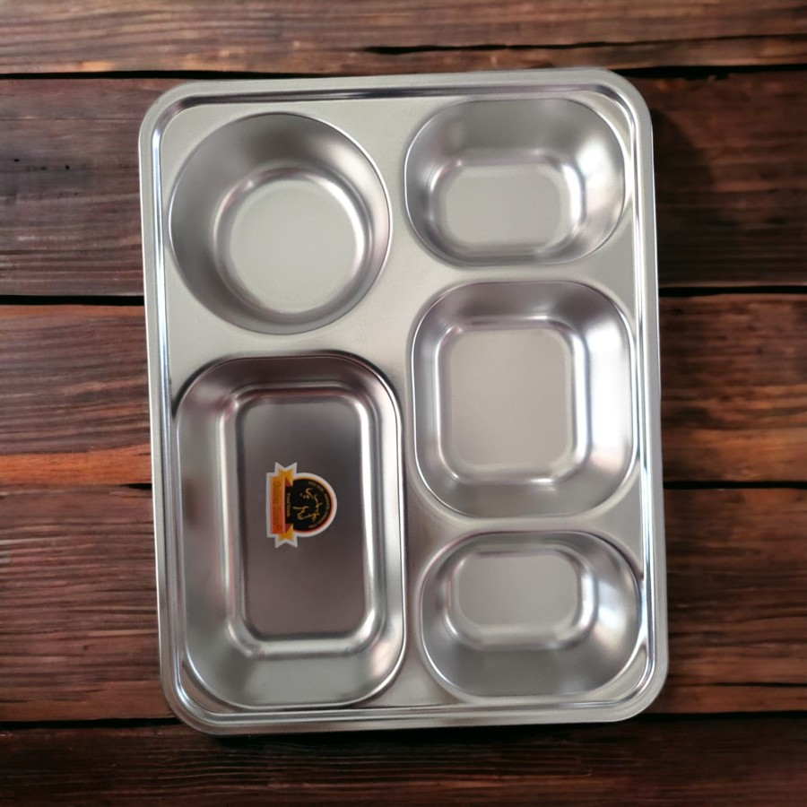 Piring Nampan Ompreng 5 Sekat Set Tutup Stainless - Food Tray Lunch