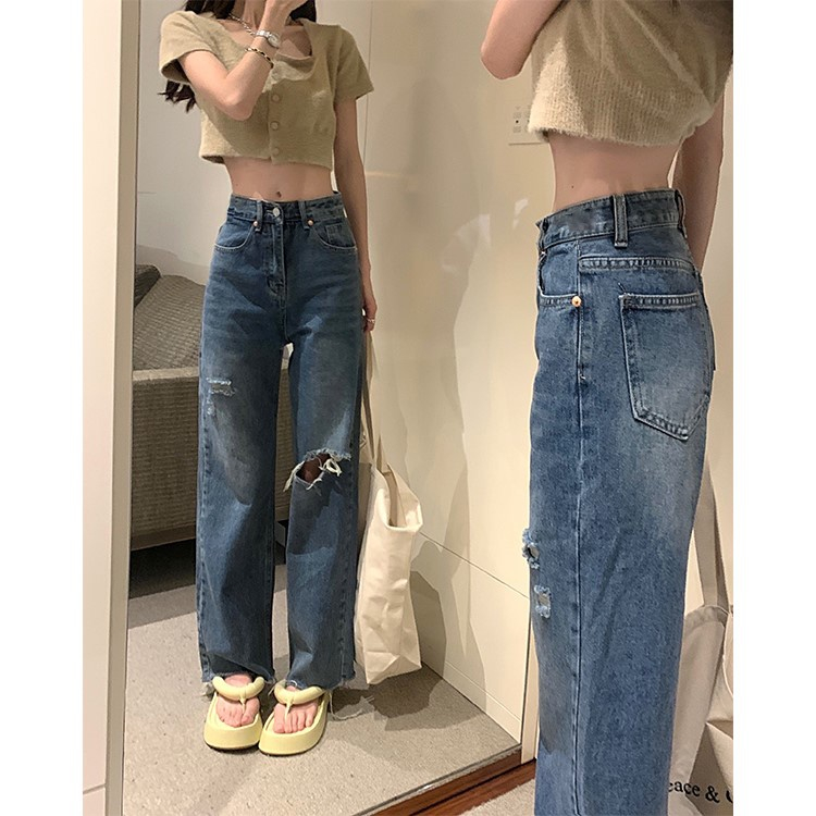 Celana Wanita Kekinian Korean Style Denim Straight High Waist Jeans Longgar Pinggang Pants Wanita