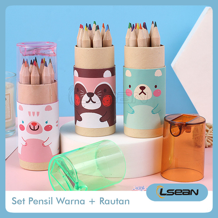 ALAT SET PENSIL 12 WARNA / SET PENSIL TABUNG LUCU FREE RAUTAN