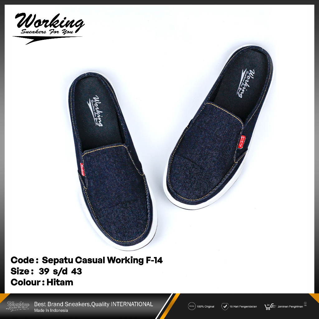 Sepatu Kasual Pria Original Selop Santai Kerja Working F-14 Bahan Denim