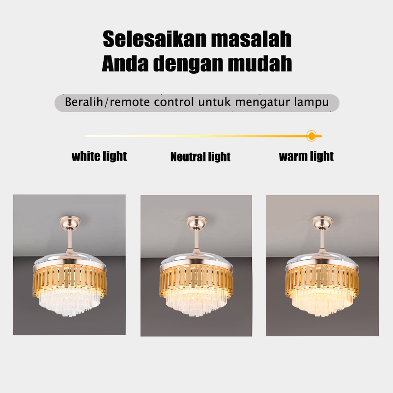 ⭐Remote&amp;Timing⭐kipas angin lampu Kristal 100W 3 warna 48cm Gold Crystal Chandelier Minimalis Modern Lampu-CY