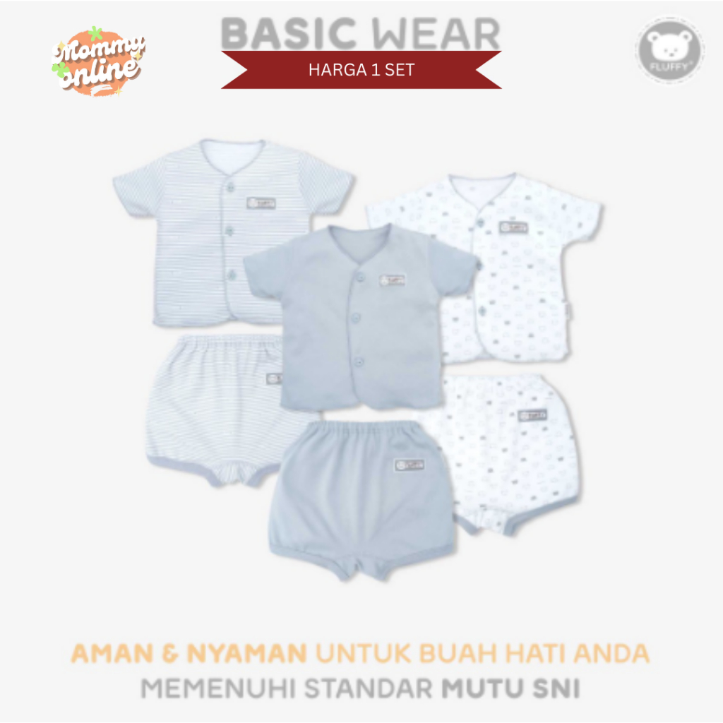 [MOMMYONLINE] Fluffy Baju Bayi Setelan Lengan Celana Pendek NECI 1 Set Newborn 0 - 3 bulan Warna Abu-abu Series