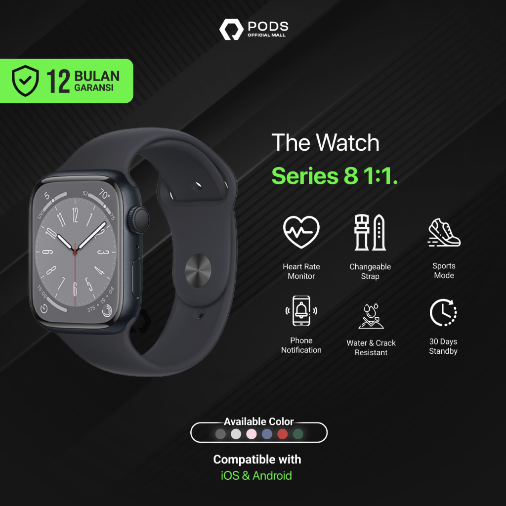 The Watch Series 8 1:1 New 2023 With Wireless Charging ( IMEI Serial Number ) - 45mm GPS Aluminium Case with Sport Band Full Touch Screen Phone Call IP68 Waterproof by Podsindonesiaa