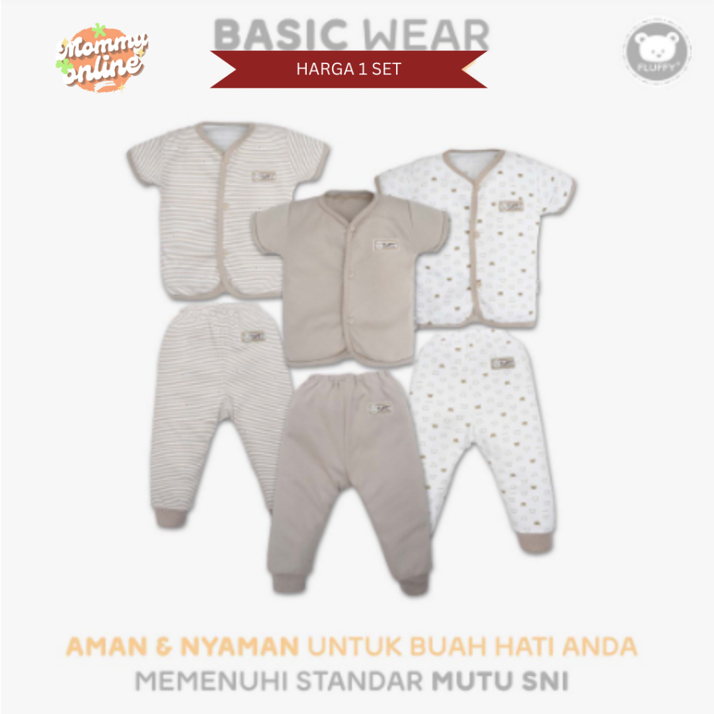 [MOMMYONLINE] Fluffy Baju Bayi Setelan Lengan Pendek Celana Panjang BIS S/M/L 1 Set 3 - 12 bulan Warna Khaki Seri