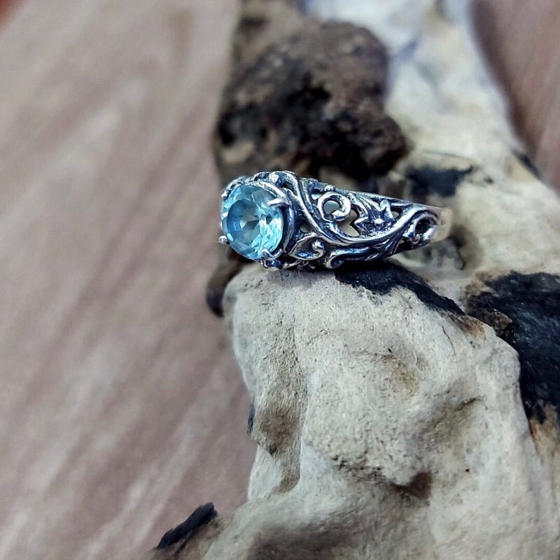 cincin perak permata bulat ukiran bali